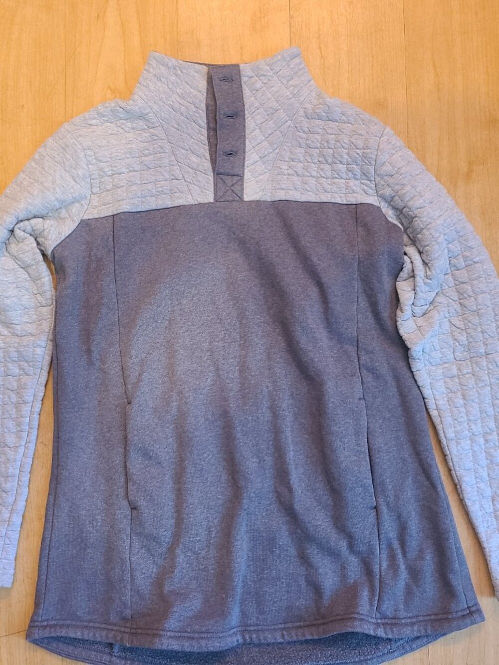 Columbia Womens Pullover Size Large L Snap Neck Quilted Blue Grey Fleece Sweatsh